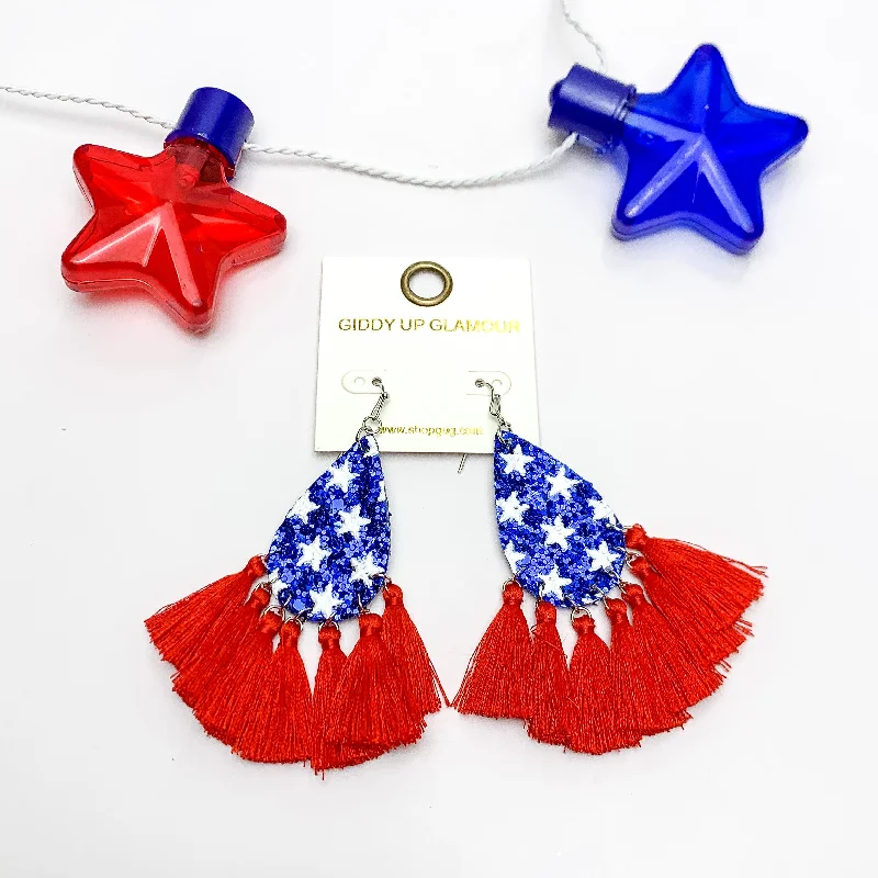 USA Blue Sparkly Teardrop Earrings With Red Tassels