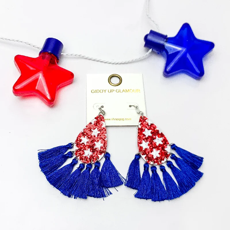 USA Red Sparkly Teardrop Earrings With Blue Tassels