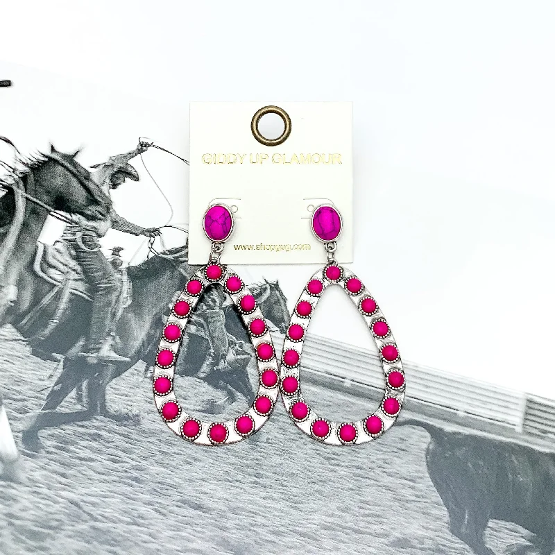 Western Open Teardrop Earrings With Stones in Hot Pink