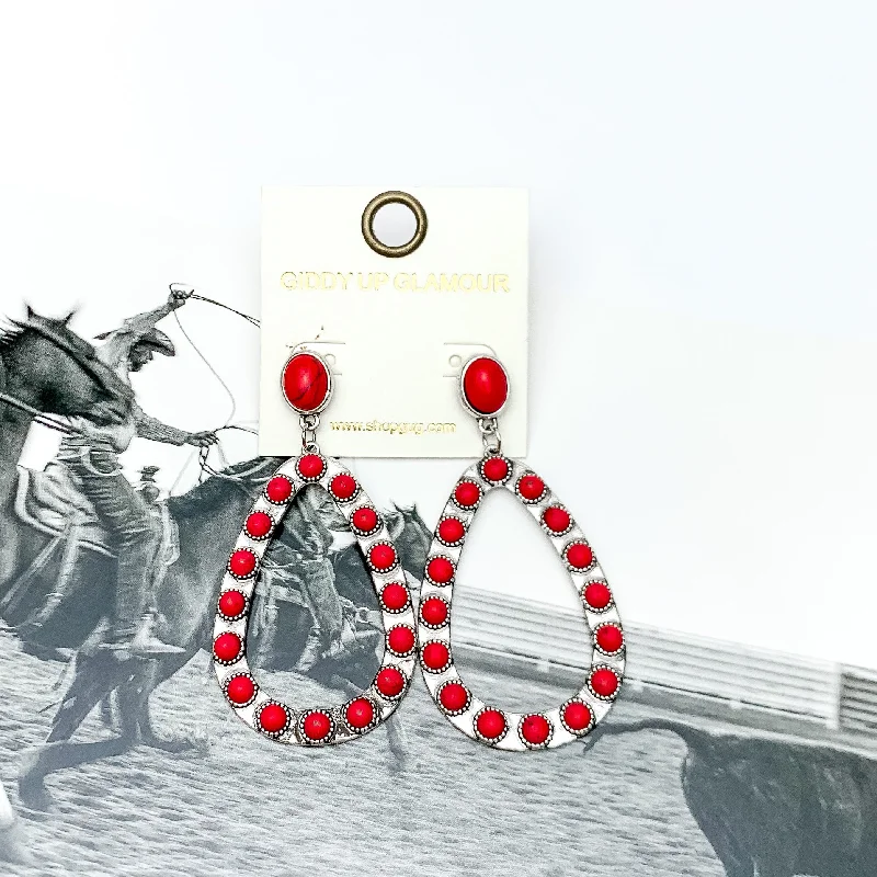 Western Open Teardrop Earrings With Stones in Red