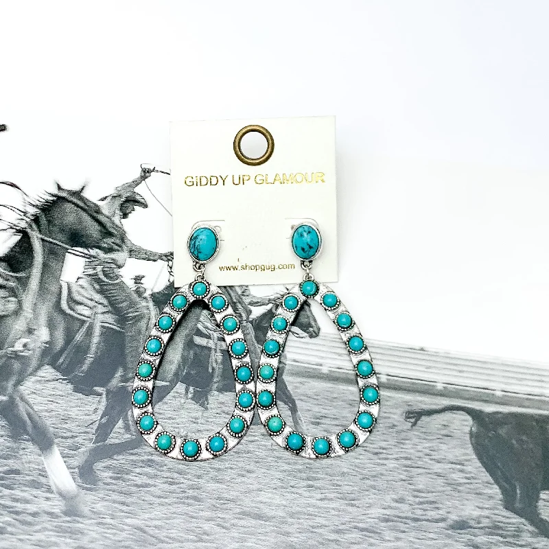 Western Open Teardrop Earrings With Stones in Turquoise