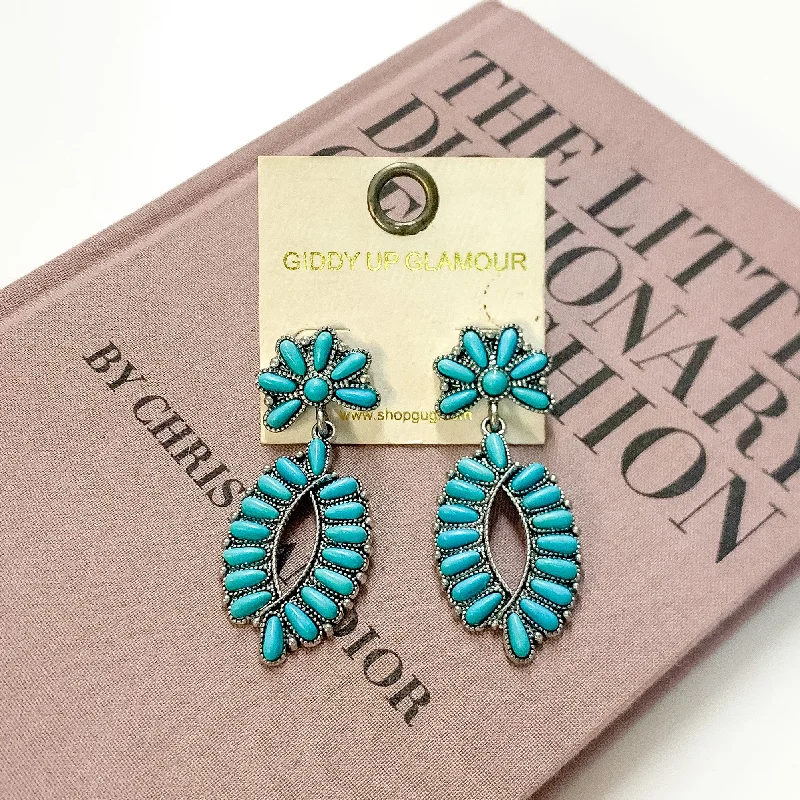 Western Oval Outline Cluster Drop Earrings in Turquoise Blue