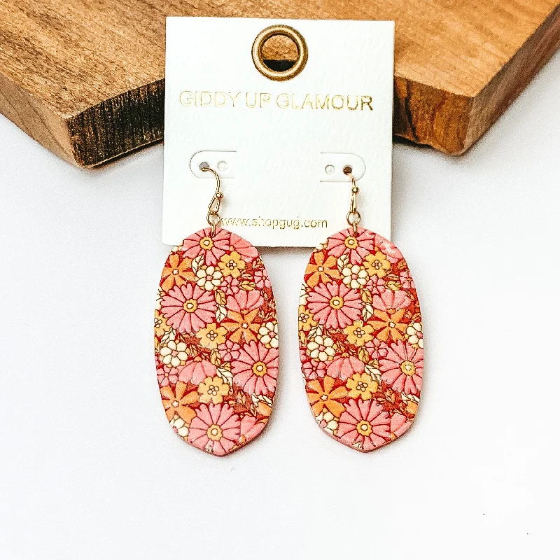 Wooden Oval Drop Earrings with a Floral Print in Pink