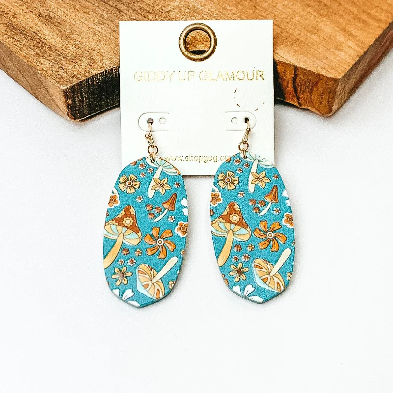 Wooden Oval Drop Earrings with Mushroom Print in Blue